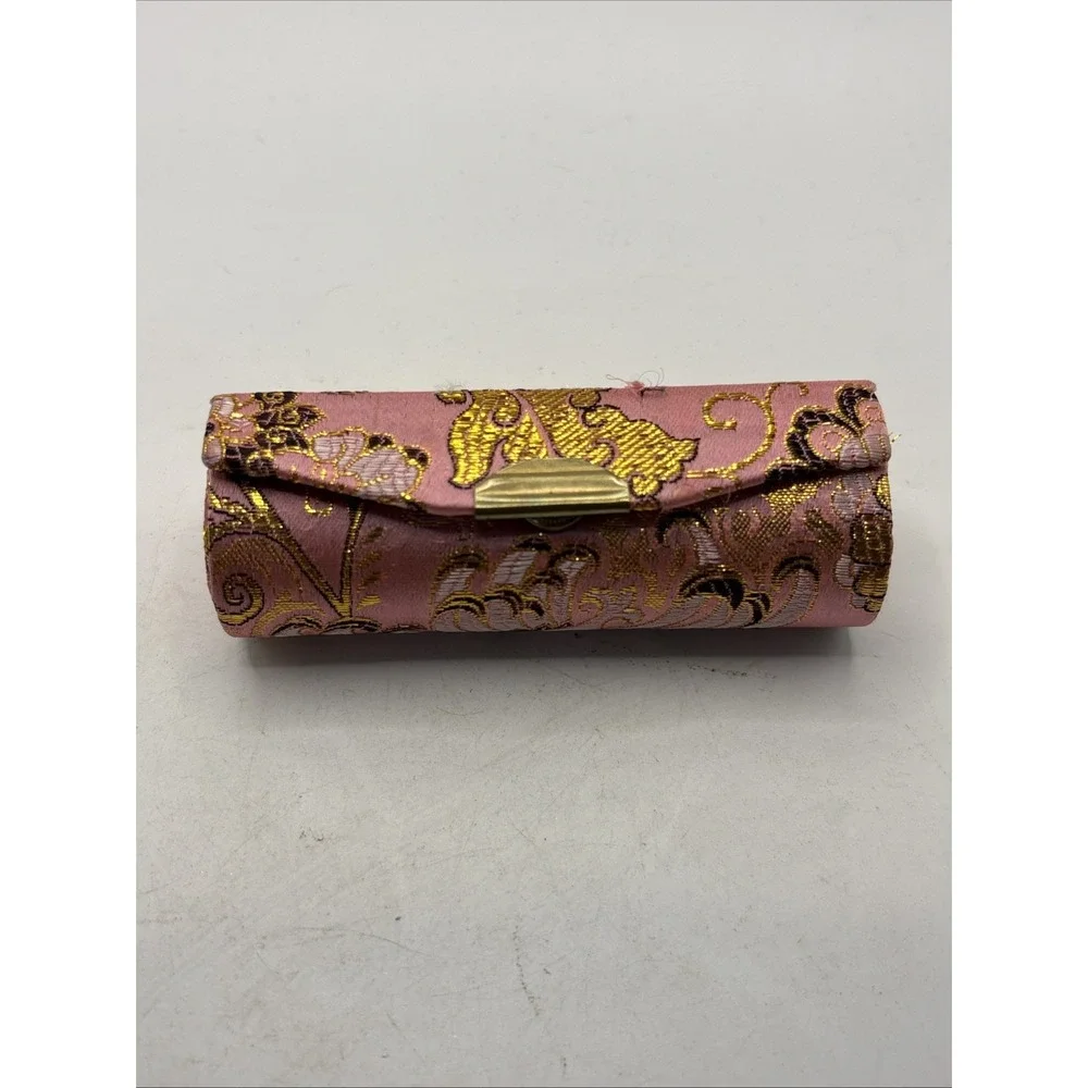 Vtg Chinese Pink & Gold Silk Brocade Lipstick Case w/ Mirror Retro Floral
